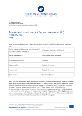 Assessment Report on Helichrysum Arenarium (L.) Moench, Flos Draft