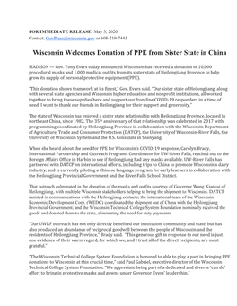 Wisconsin Welcomes Donation of PPE from Sister State in China