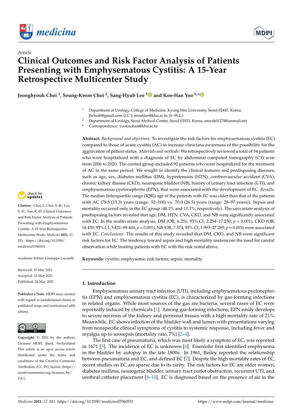 Clinical Outcomes and Risk Factor Analysis of Patients Presenting with Emphysematous Cystitis: a 15-Year Retrospective Multicenter Study