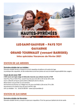 LUZ-SAINT-SAUVEUR – PAYS TOY GAVARNIE GRAND TOURMALET (Versant BAREGES) Infos Spéciales Vacances De Février 2021
