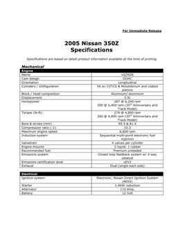 2005 Nissan 350Z Specifications