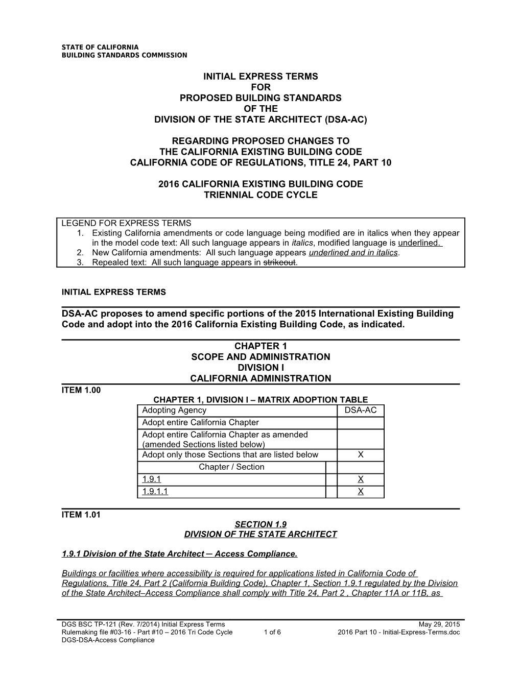 Initial Express Terms - Title 24, Part 10, 2016 CBC (DSA-AC), May 29, 2015