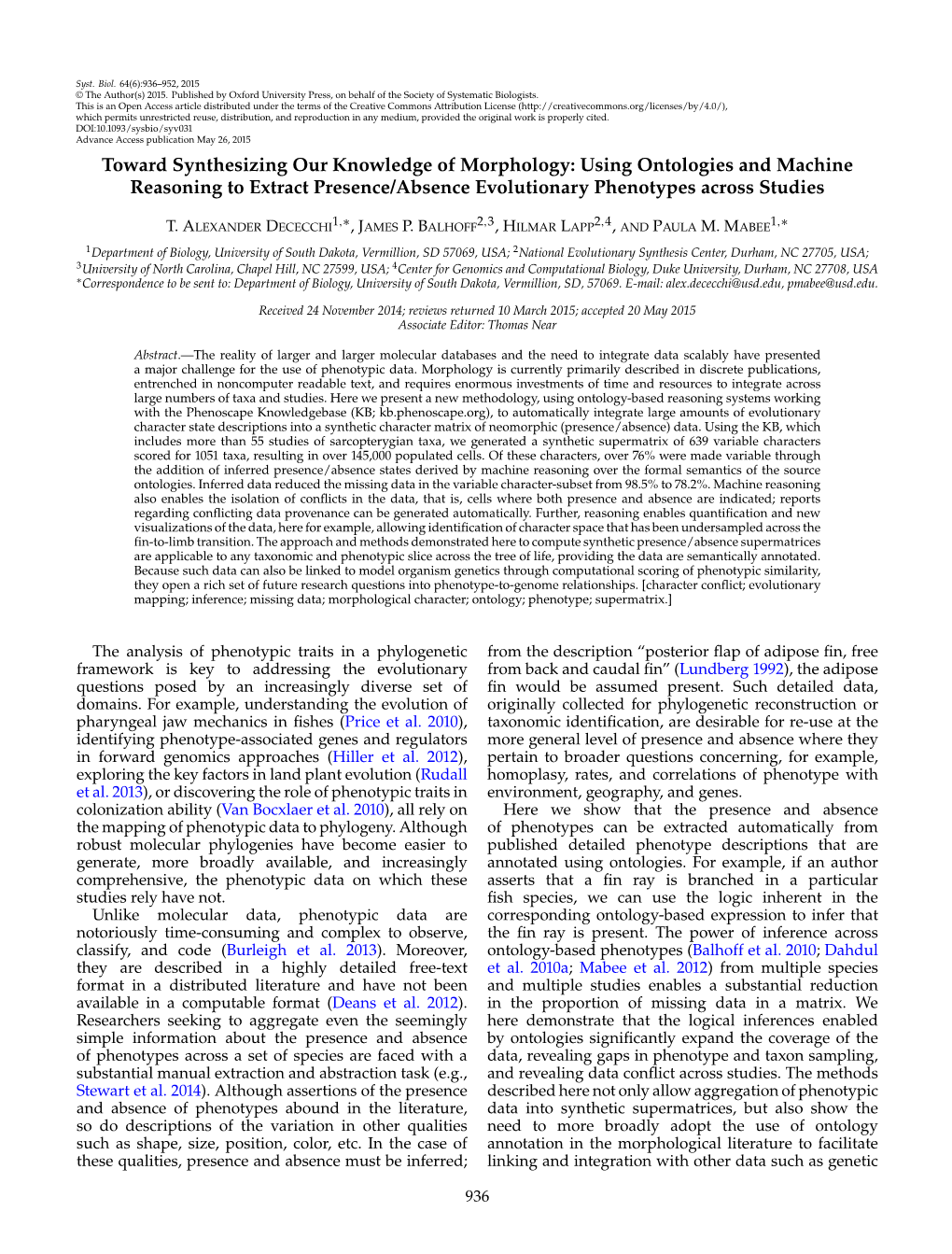 Using Ontologies and Machine Reasoning to Extract Presence/Absence Evolutionary Phenotypes Across Studies