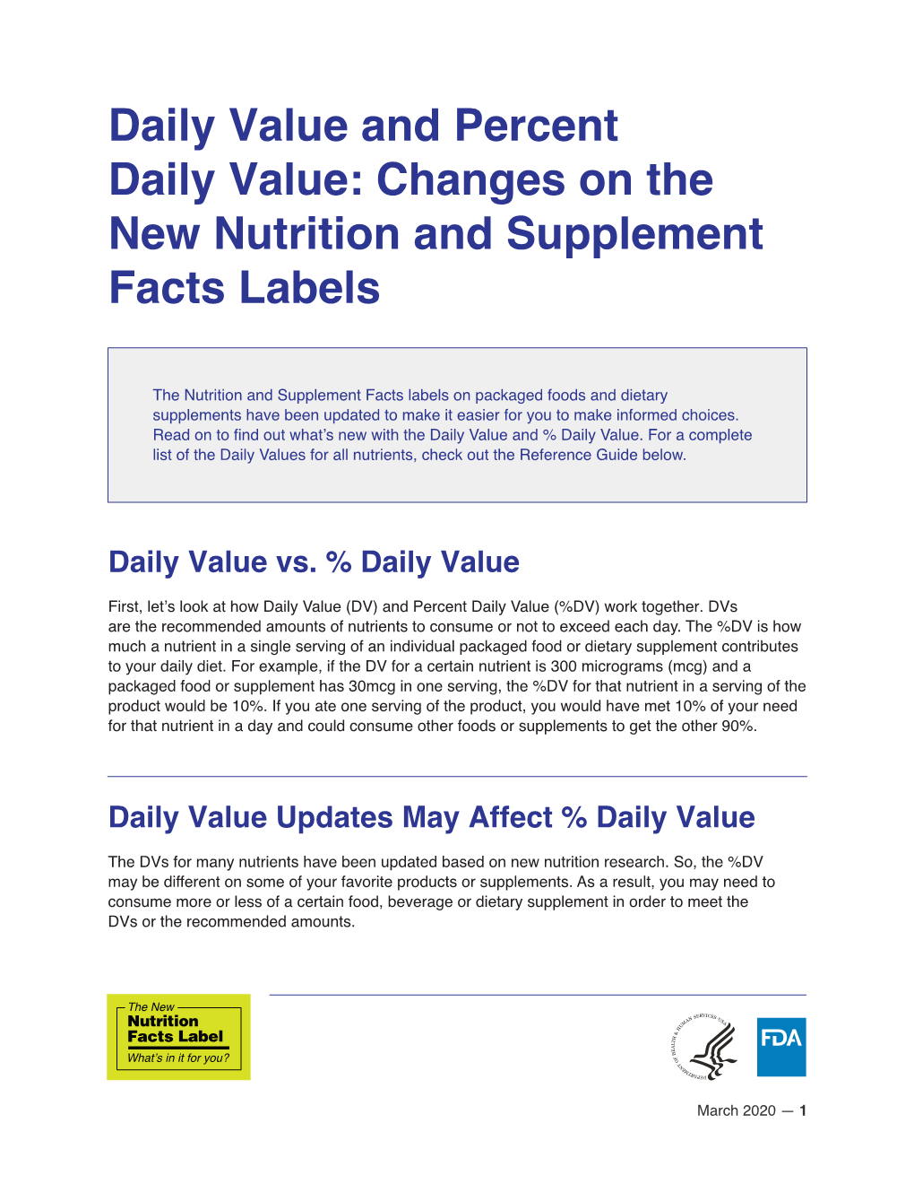 Daily Value and Percent Daily Value: Changes on the New Nutrition and Supplement Facts Labels