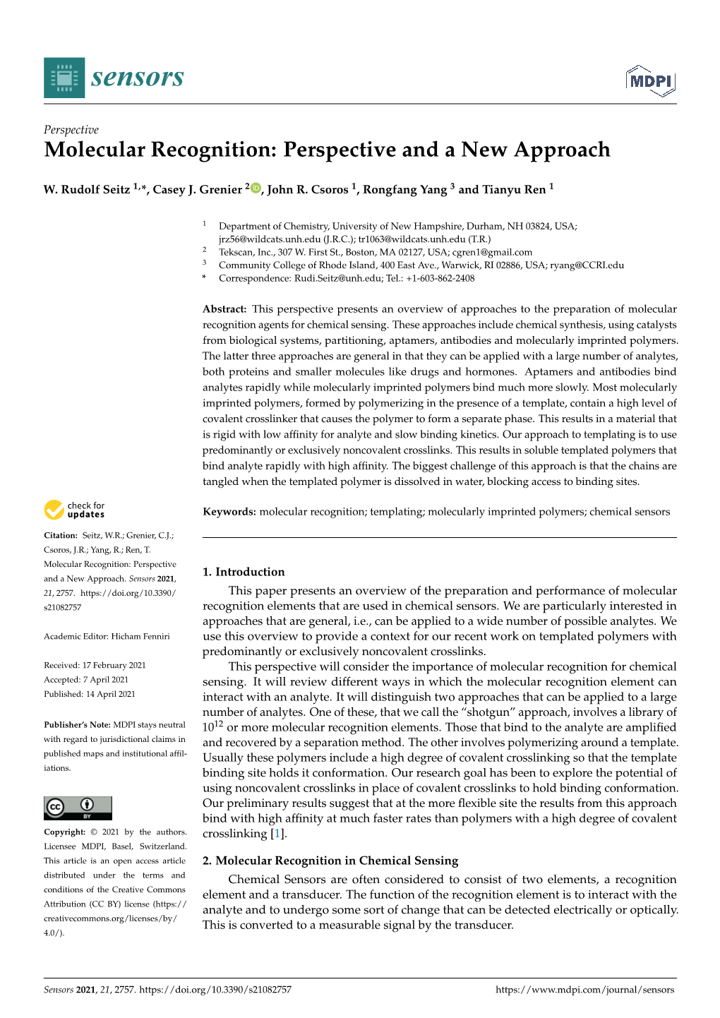 Molecular Recognition: Perspective and a New Approach