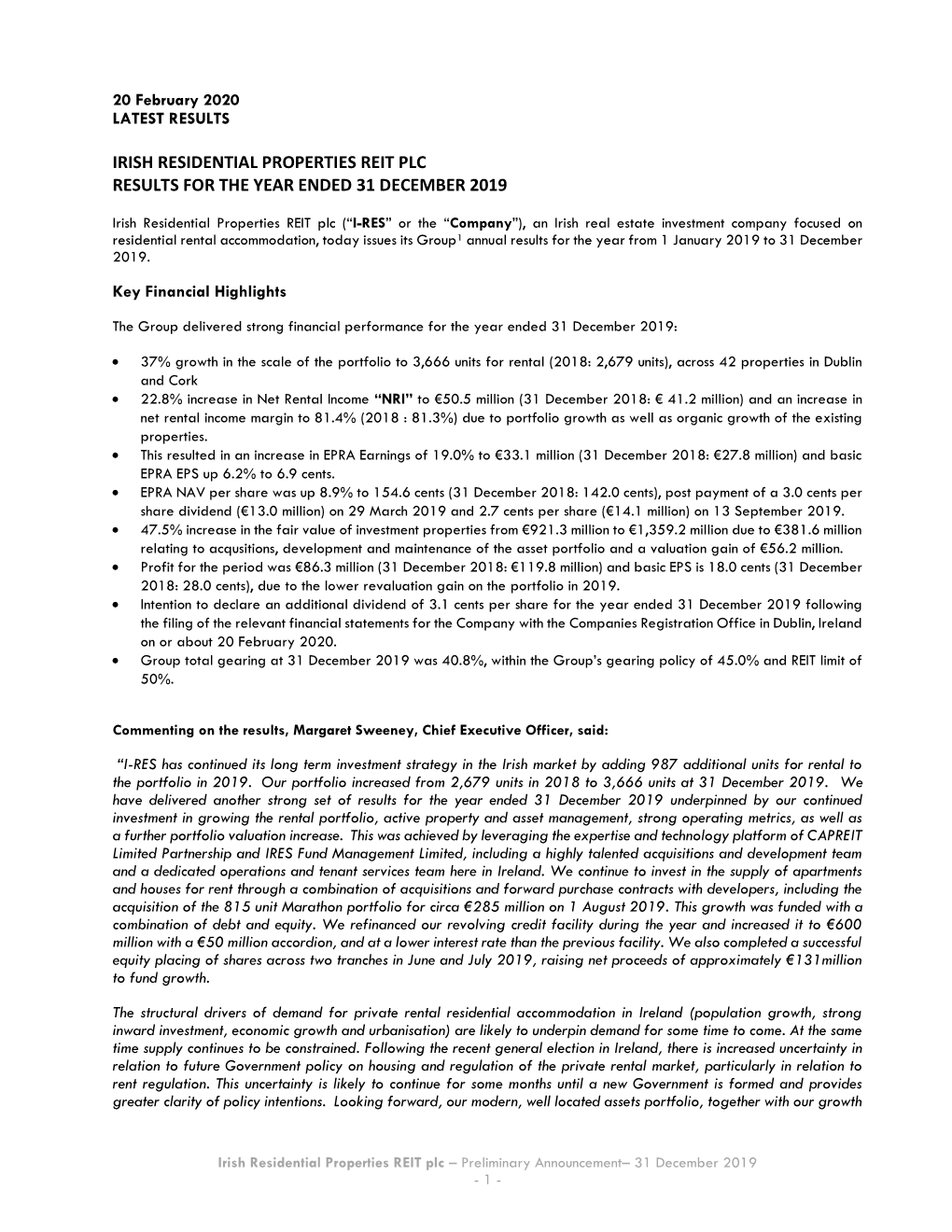 Irish Residential Properties REIT Plc Preliminary Results