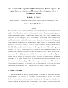 The Characteristic Equation of the Exceptional Jordan Algebra: Its Eigenvalues, and Their Possible Connection with Mass Ratios of Quarks and Leptons