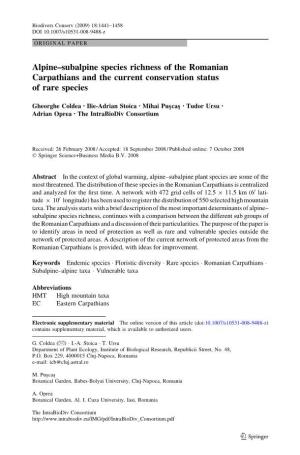 Alpine–Subalpine Species Richness of the Romanian Carpathians and the Current Conservation Status of Rare Species