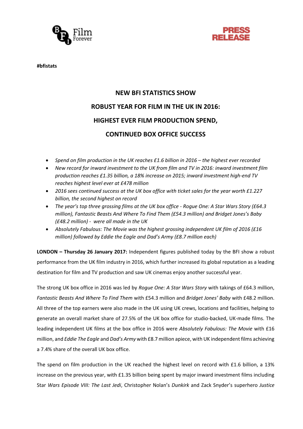 New Bfi Statistics Show Robust Year for Film in the Uk in 2016: Highest Ever Film Production Spend, Continued Box Office Success