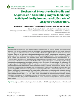 Biochemical, Phytochemical Profile and Angiotensin-1 Converting Enzyme Inhibitory Activity of the Hydro-Methanolic Extracts of Tulbaghia Acutiloba Harv