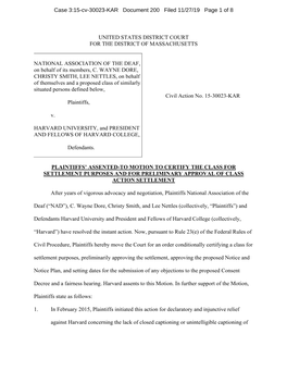 Motion for Preliminary Approval of Settlement (Harvard)