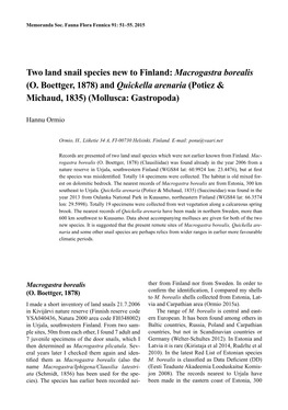 Two Land Snail Species New to Finland: Macrogastra Borealis (O