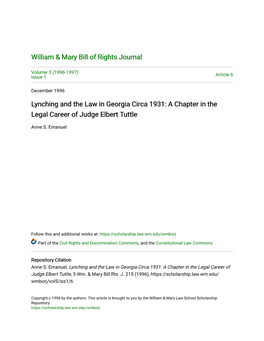 Lynching and the Law in Georgia Circa 1931: a Chapter in the Legal Career of Judge Elbert Tuttle