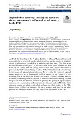 Regional Ethnic Autonomy: Thinking and Actions on the Reconstruction of a Unified Multi-Ethnic Country by the CPC