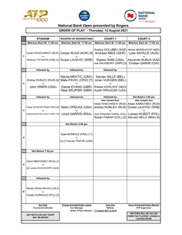National Bank Open Presented by Rogers ORDER of PLAY - Thursday, 12 August 2021