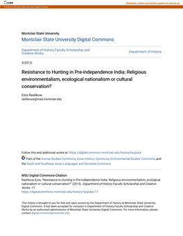 Resistance to Hunting in Pre-Independence India: Religious Environmentalism, Ecological Nationalism Or Cultural Conservation?