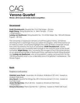 Verona Quartet Winner, 2015 Concert Artists Guild Competition