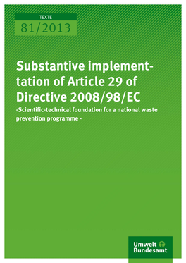 Substantive Implementation of Article 29 of Directive 2008/98/EC -Scientific-Technical Foundation for a National Waste Prevention Programme