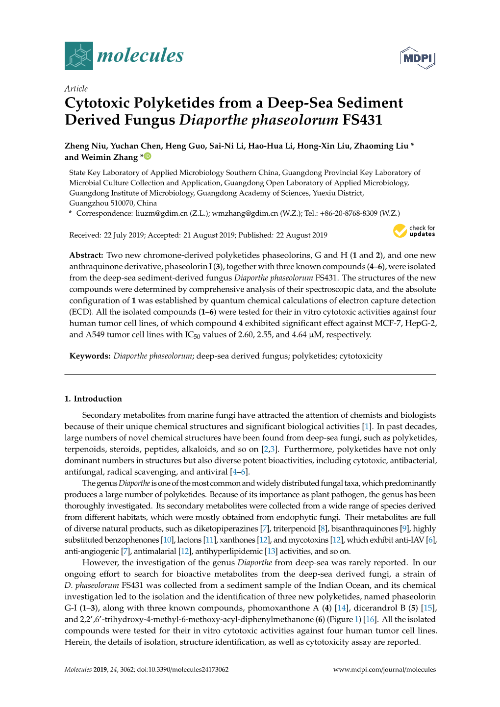 Cytotoxic Polyketides from a Deep-Sea Sediment Derived Fungus Diaporthe Phaseolorum FS431