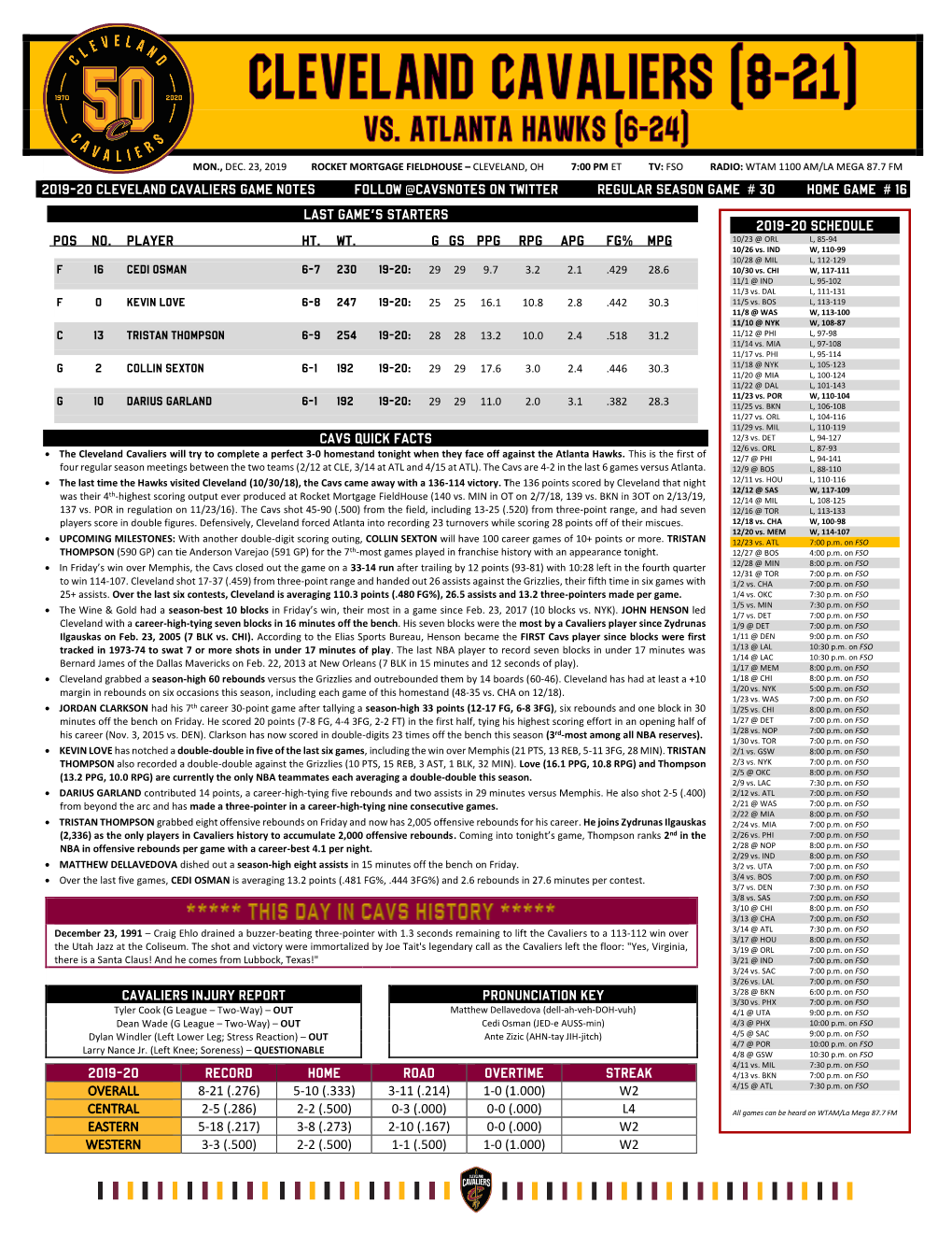 2019-20 Cleveland Cavaliers Game Notes Follow @Cavsnotes on Twitter Regular Season Game # 30 Home Game # 16