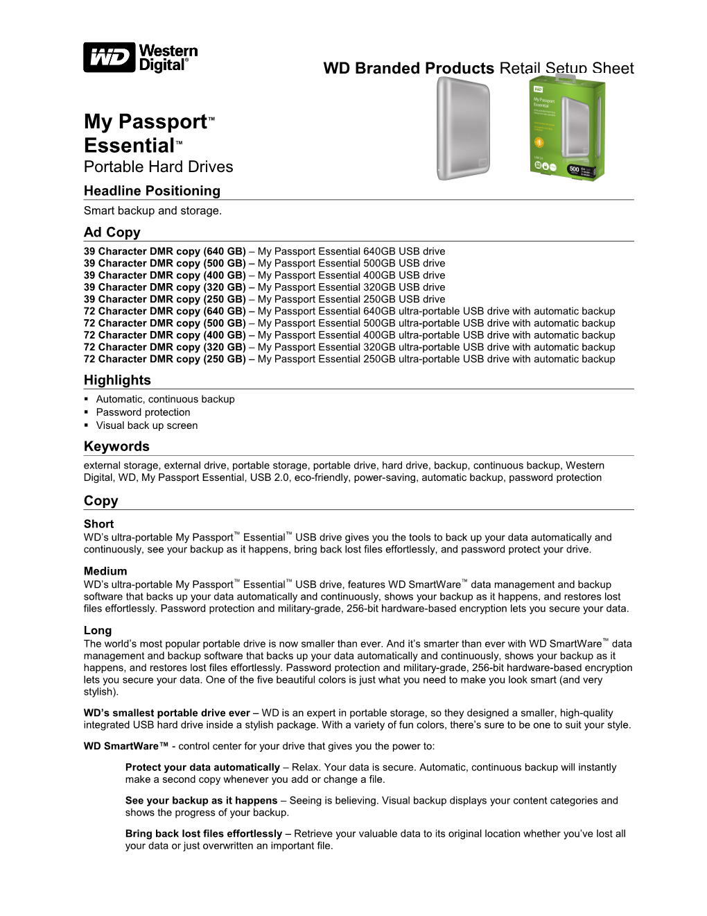 My Passport Essential Portable Hard Drives Headline Positioning Smart Backup and Storage