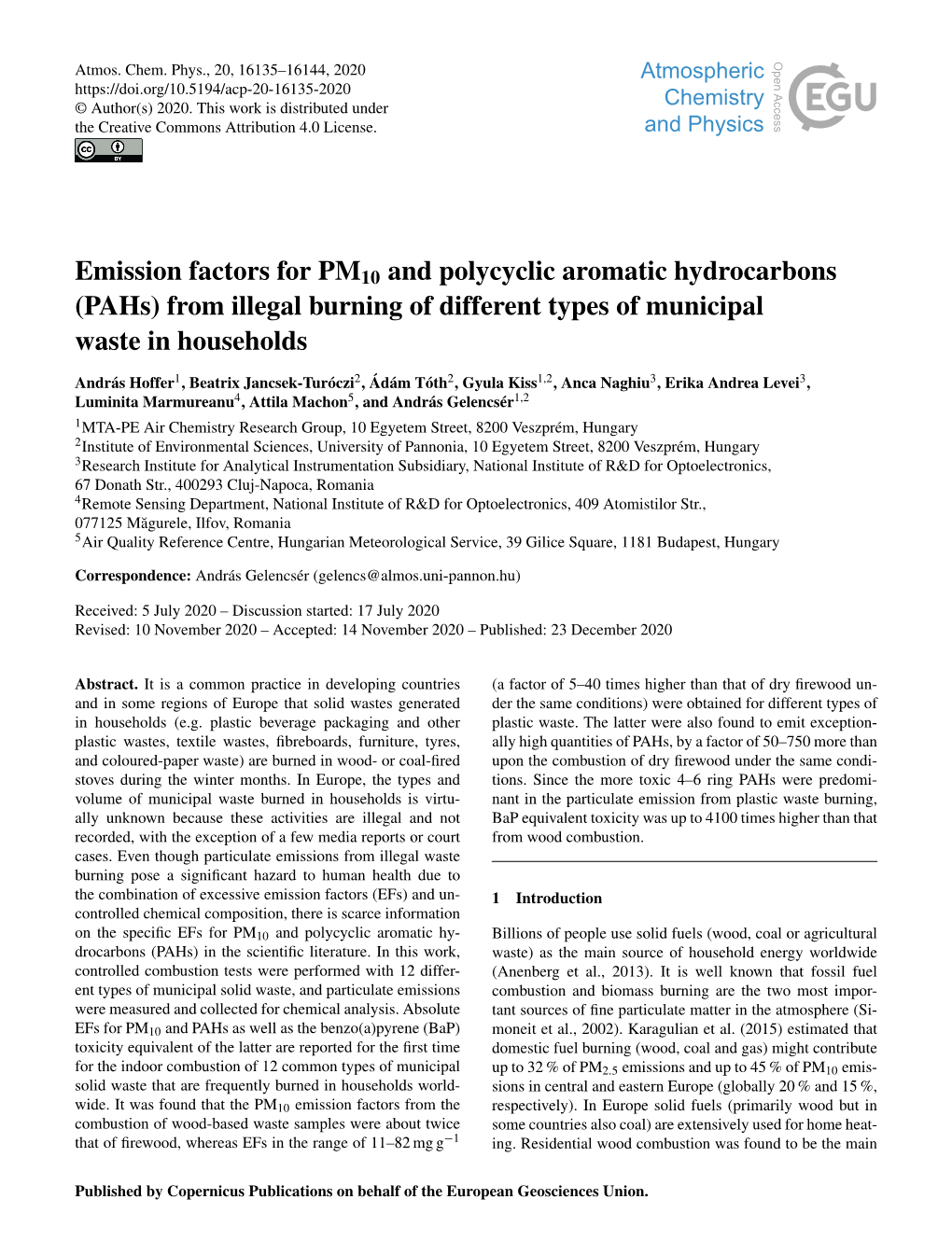 (Pahs) from Illegal Burning of Different Types of Municipal Waste in Households