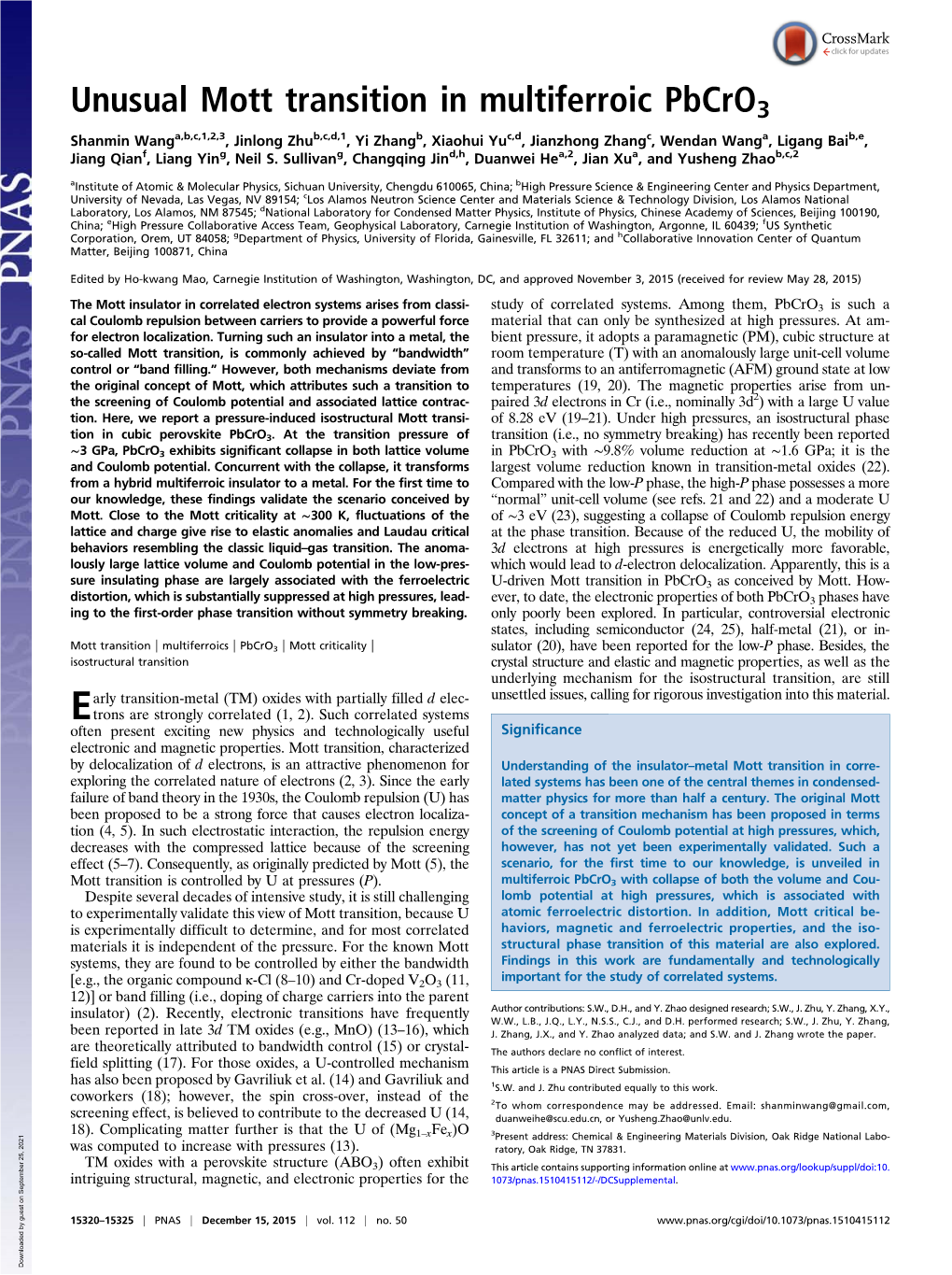 Unusual Mott Transition in Multiferroic Pbcro3