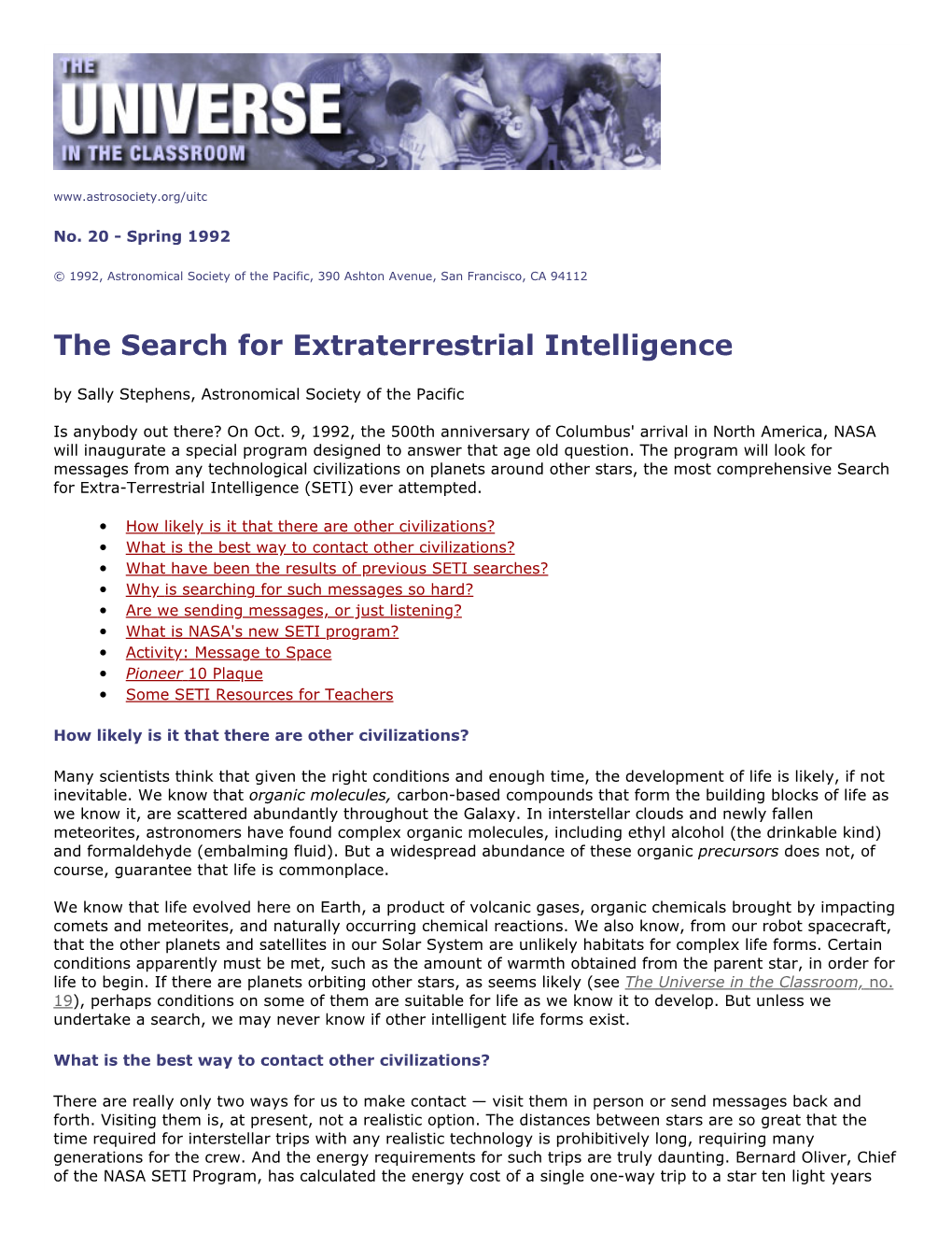 The Search for Extraterrestrial Intelligence by Sally Stephens, Astronomical Society of the Pacific