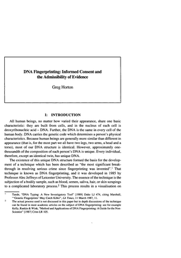 DNA Fingerprinting: Informed Consent and the Admissibility of Evidence Greg Horton