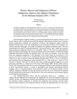 Priests, Mayors and Indigenous Offices: Indigenous Agency and Adaptive Resistance in the Mariana Islands (1681 -1758)