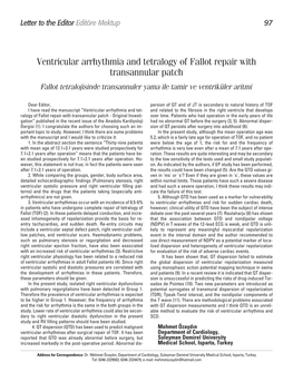 Ventricular Arrhythmia and Tetralogy of Fallot Repair with Transannular Patch Fallot Tetralojisinde Transannuler Yama Ile Tamir Ve Ventriküler Aritmi