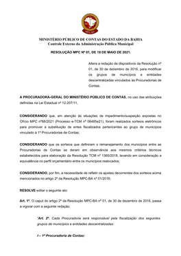 MINISTÉRIO PÚBLICO DE CONTAS DO ESTADO DA BAHIA Controle Externo Da Administração Pública Municipal