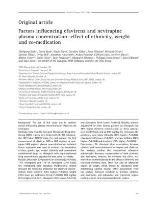 Original Article Factors Influencing Efavirenz and Nevirapine Plasma Concentration: Effect of Ethnicity, Weight and Co-Medication