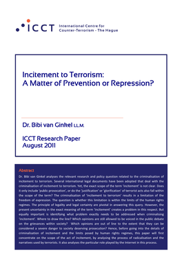 Incitement to Terrorism: a Matter of Prevention Or Repression?