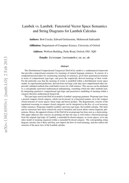 Functorial Vector Space Semantics and String Diagrams for Lambek Calculus