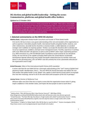 DG Election and Global Health Leadership – Setting the Scene: Commentaries, Platforms and Global Health Office Holders Updated on 21 October 2016