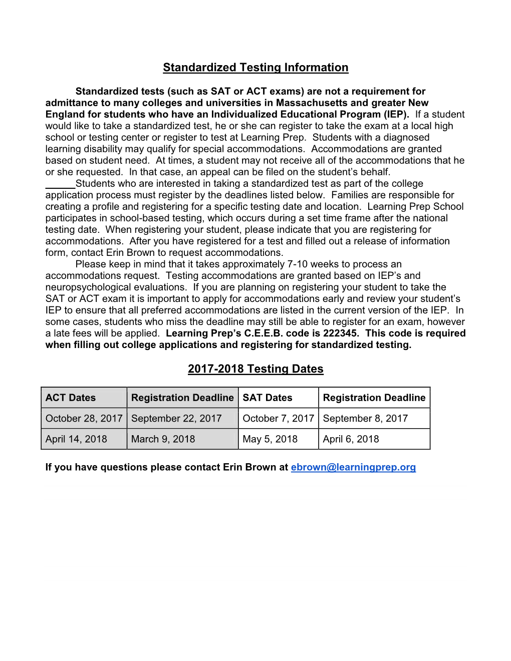 Standardized Testing Information 2017-2018 Testing Dates