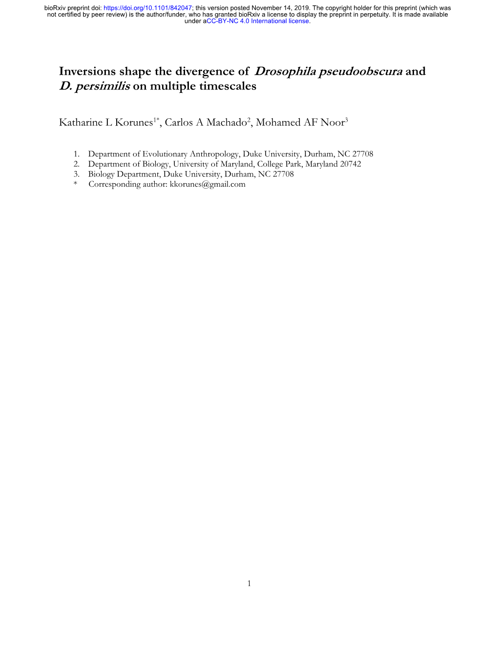 Inversions Shape the Divergence of Drosophila Pseudoobscura and D