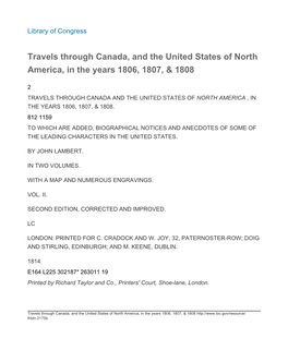 Travels Through Canada, and the United States of North America, in the Years 1806, 1807, & 1808
