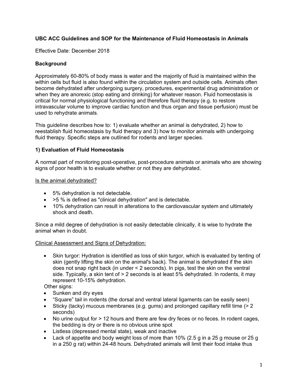 UBC ACC Guidelines and SOP for the Maintenance of Fluid Homeostasis in Animals