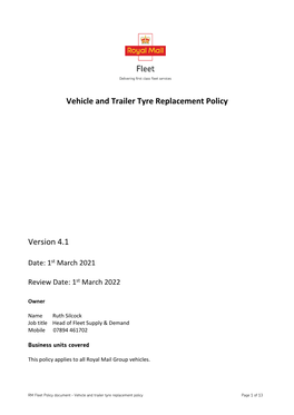 Vehicle and Trailer Tyre Replacement Policy Version