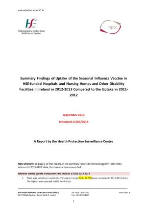 2012-2013 Influenza Vaccine Uptake in HSE-Funded Hospitals and Long