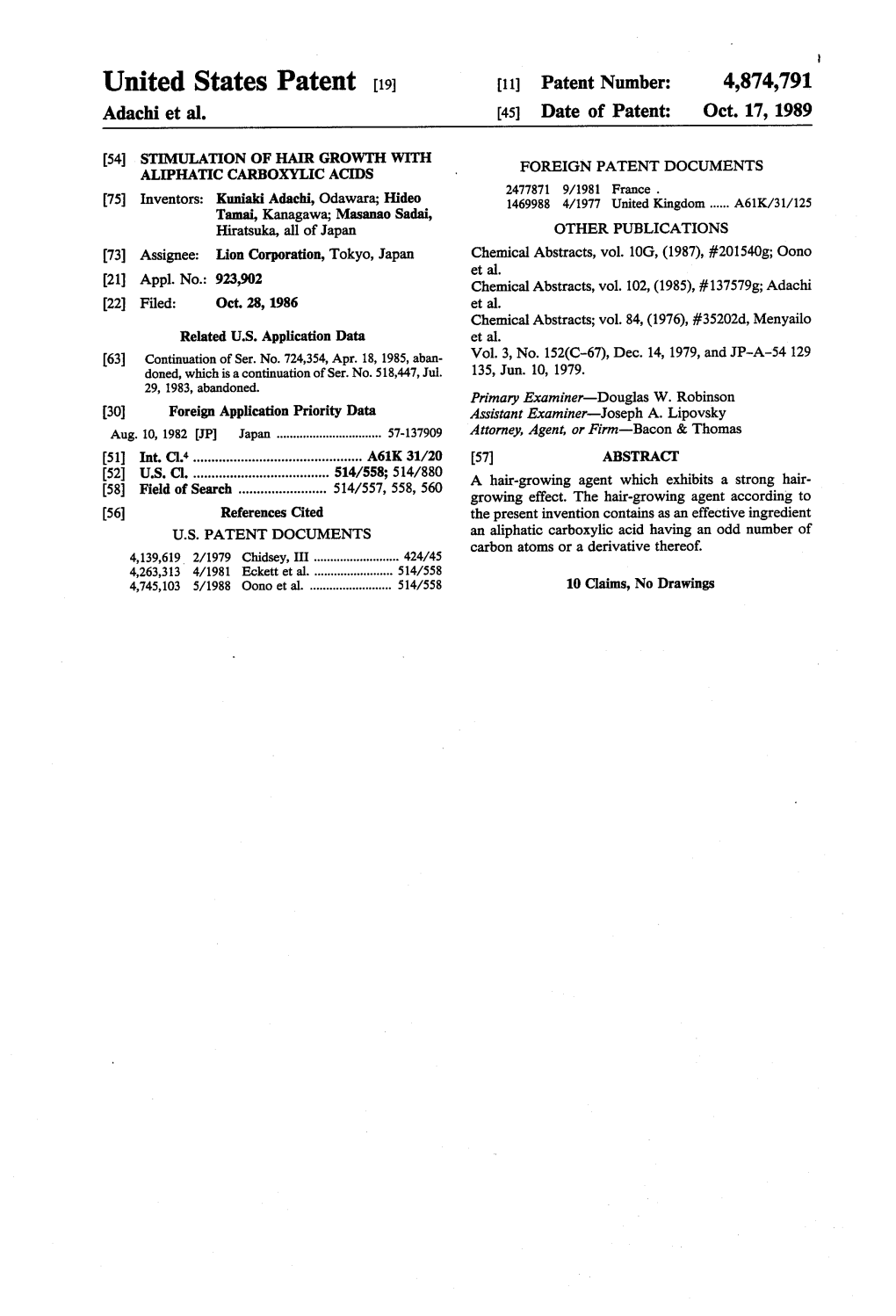 United States Patent (19) 11 Patent Number: 4,874,791 Adachi Et Al