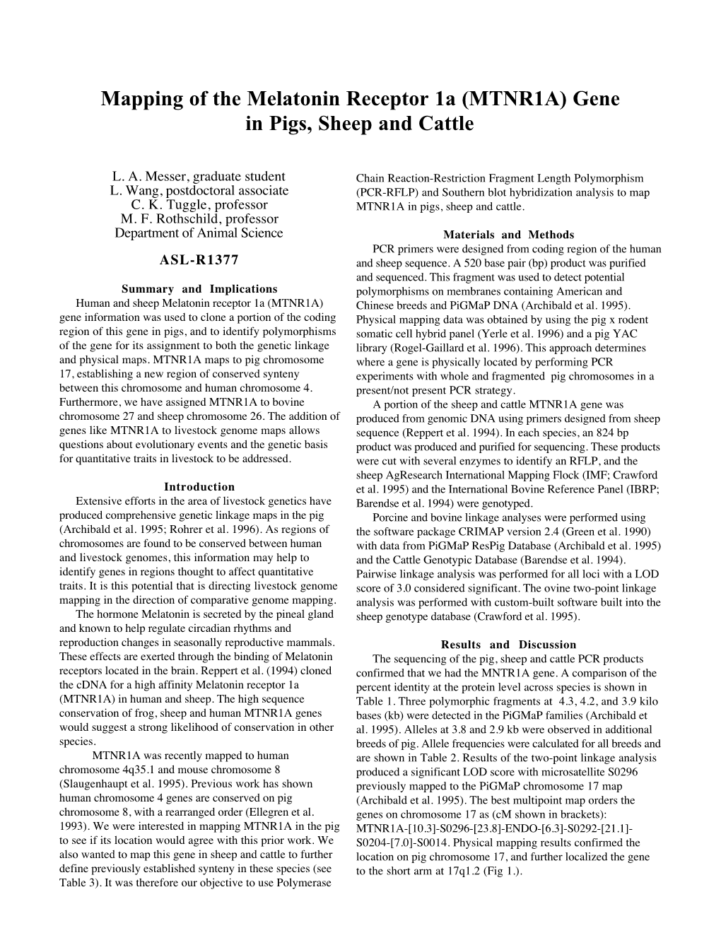 Mapping of the Melatonin Receptor 1A (MTNR1A) Gene in Pigs, Sheep and Cattle