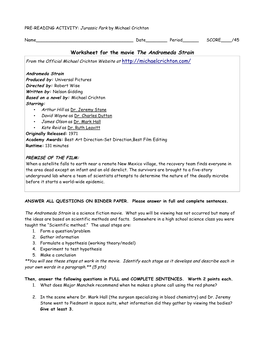 Worksheet for the Movie the Andromeda Strain from the Official Michael Crichton Website At