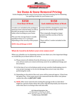 Ice Dams & Snow Removal Pricing