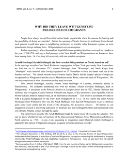 Why Did They Leave Wittgenstein? Pre-Dreisbach Emigrants