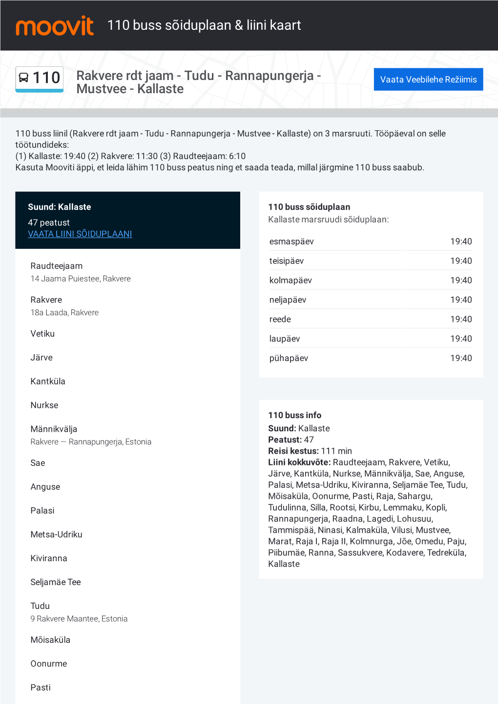 110 Buss Sõiduplaan & Liini Marsruudi Kaart