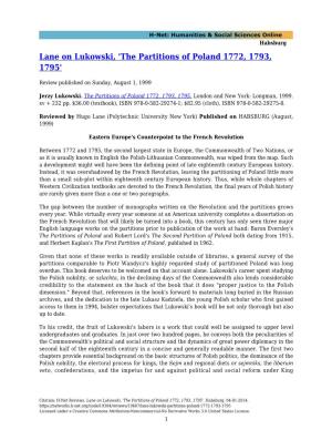 Lane on Lukowski, 'The Partitions of Poland 1772, 1793, 1795'