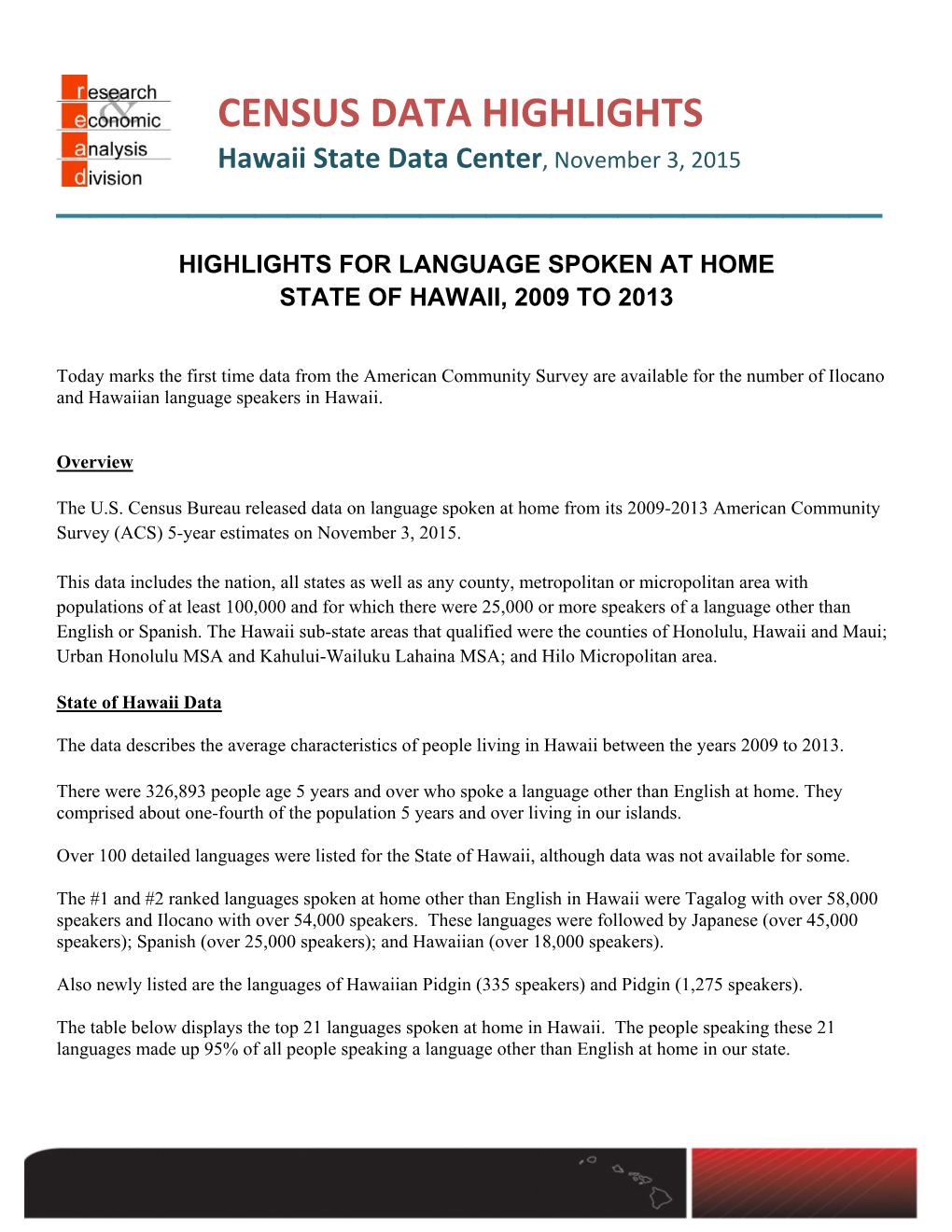 Highlights for Language Spoken at Home State of Hawaii, 2009 to 2013